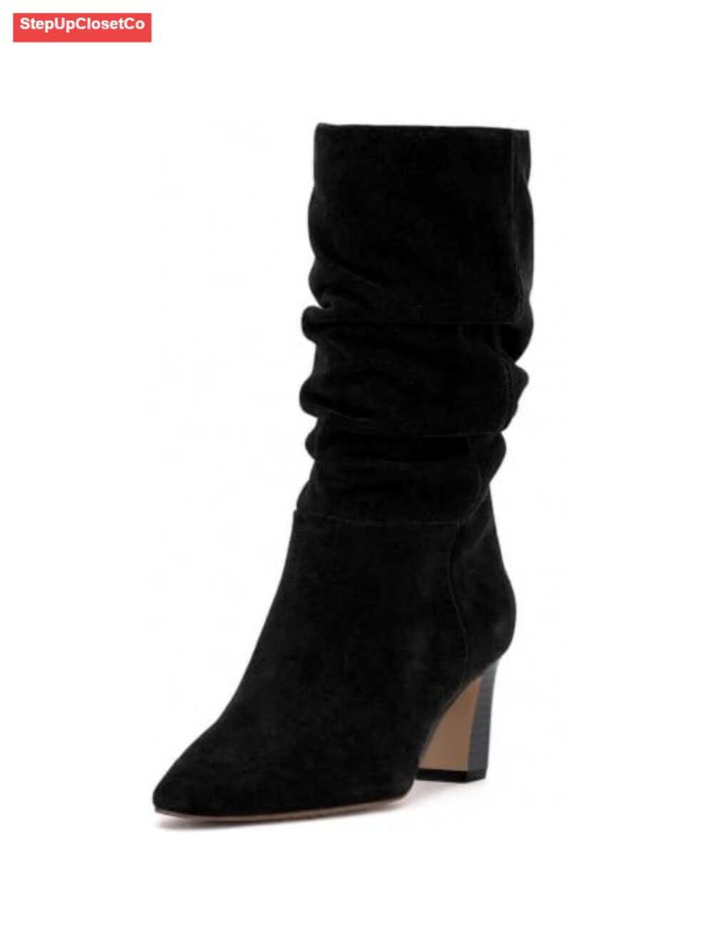 Suede Mid Calf Boots Square Toe Chunky Block Heel Slouchy Slip On